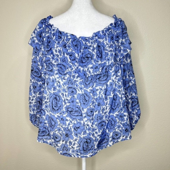 Ann Taylor Petite White & Blue Floral Off the Shoulder 3/4 Sleeve Flowy Top LP - Picture 6 of 11